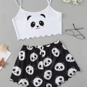 Panda Print Lettuce Edge Cami Top And Shorts